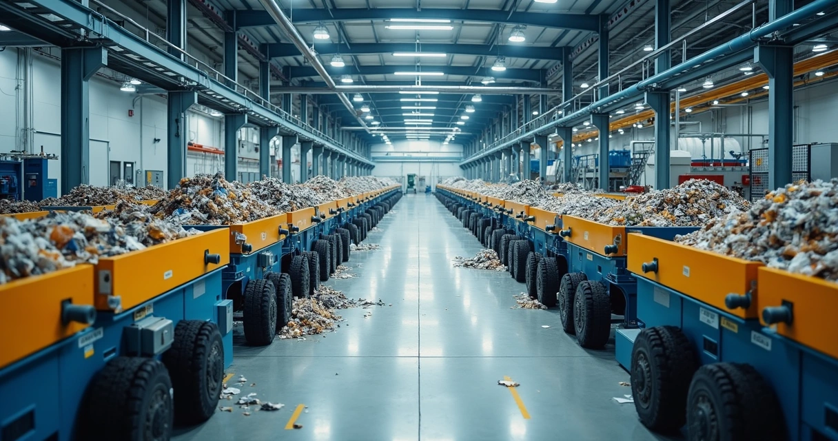Linha de produção industrial de CDR com resíduos passando por esteiras e separadores automáticos. 