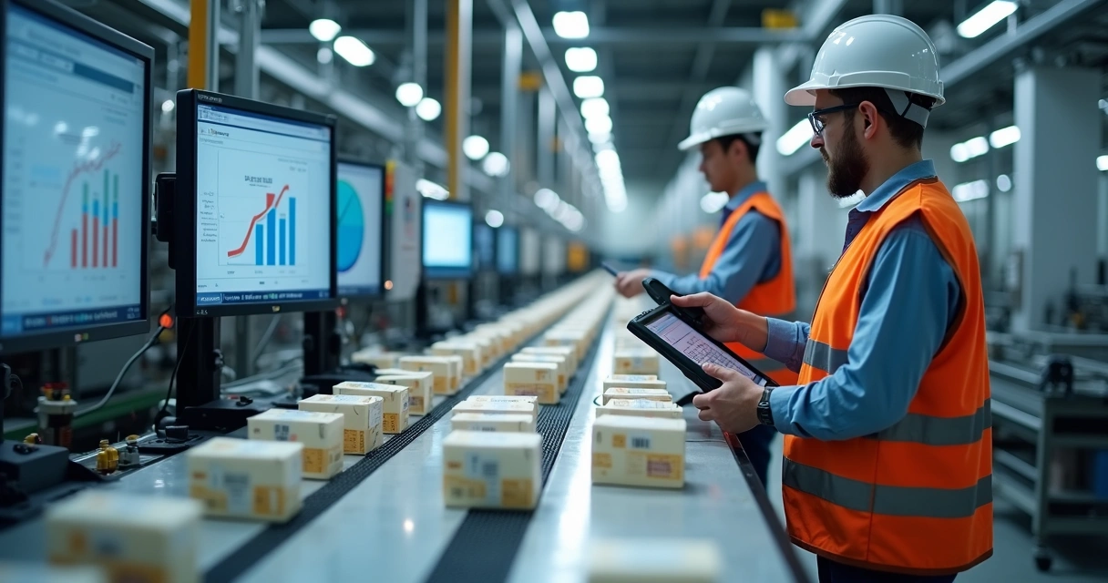 Linha de produção industrial com etiquetas de QR code em embalagens