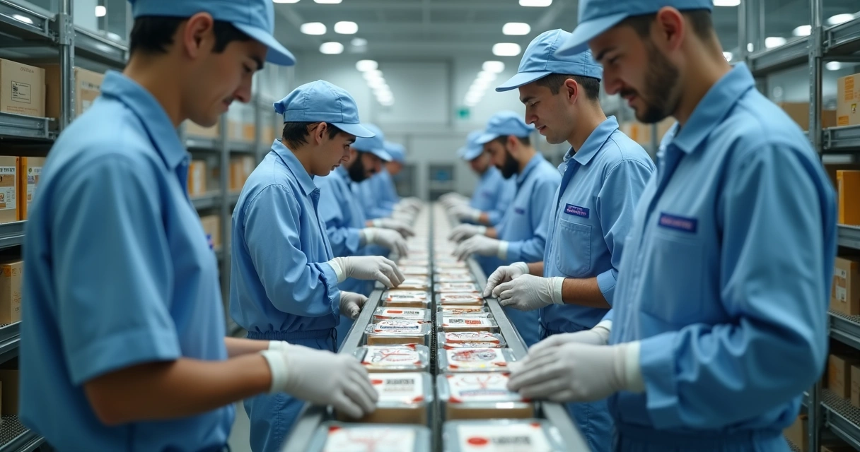 Funcionários em linha de produção alimentícia analisando QR codes nas embalagens 