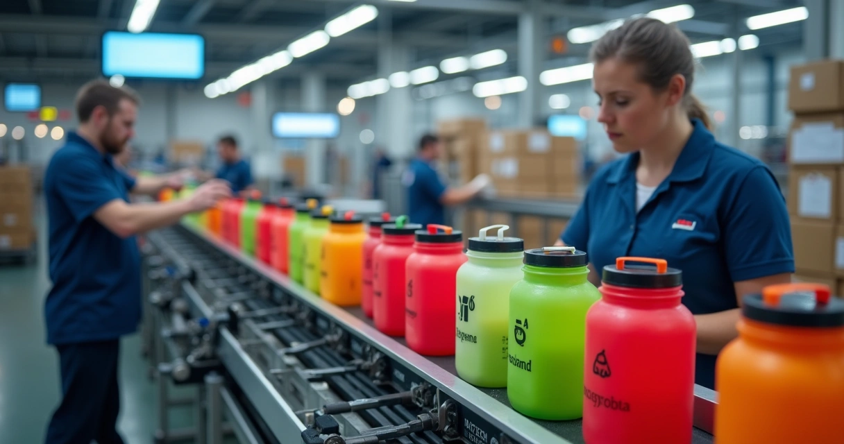 Linha de produção de coqueteleiras personalizadas com funcionários ao fundo