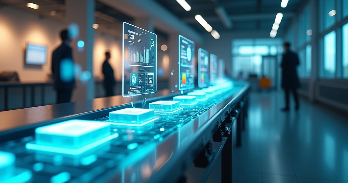 Linha de produção digital com ícones de automação conectando setores de uma PME 