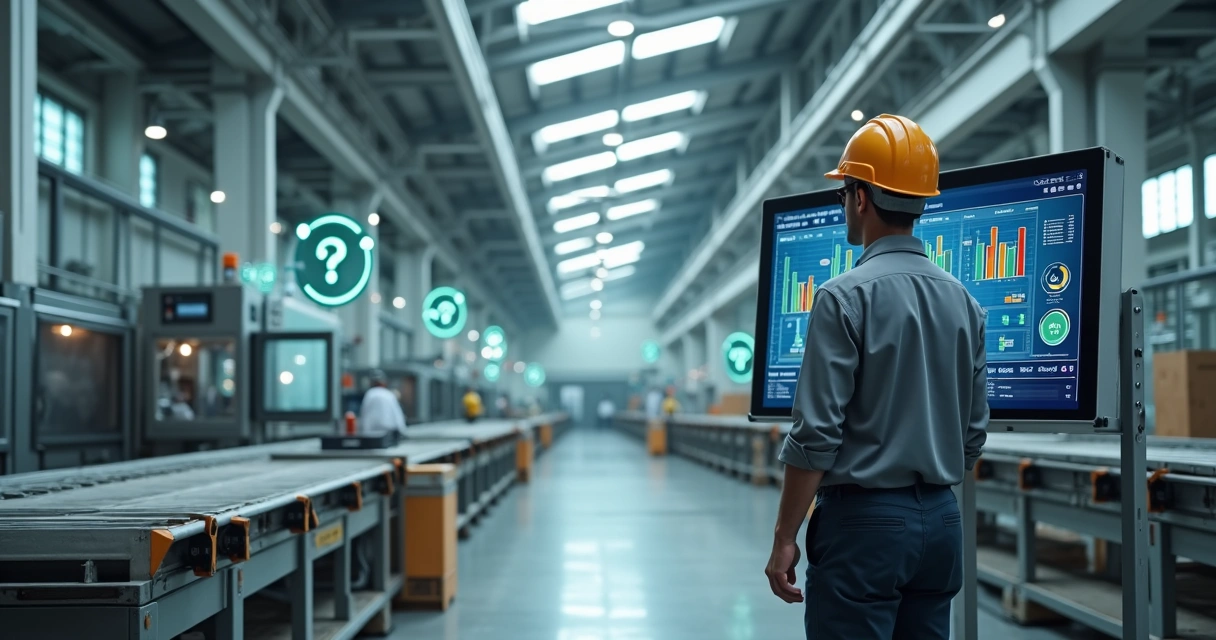 Engenheiro em linha de produção observando painel digital de PCP com gráficos de custo 