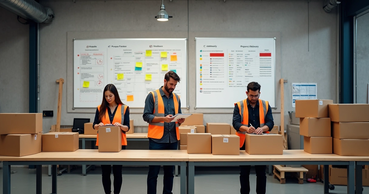 Time em linha de produção organizando caixas com checklist gigante ao fundo 