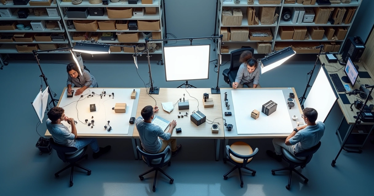 Equipe de fotografia organizando uma linha de produção com produtos diferentes, câmeras e fundos fotográficos 