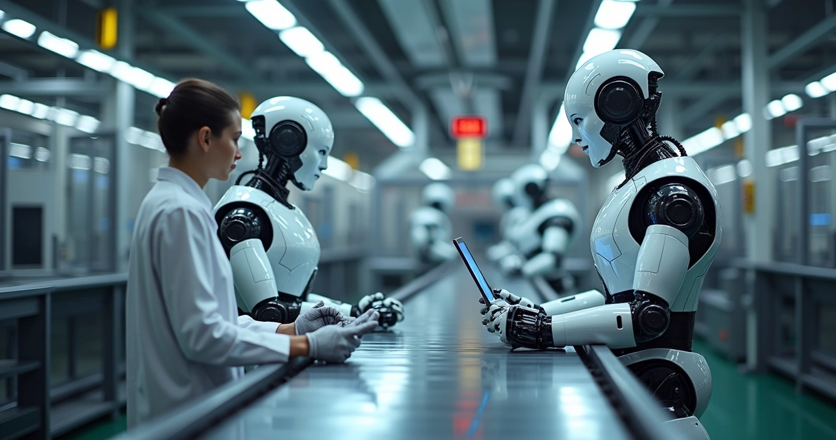Robôs monitorando a linha de produção em indústria moderna. 