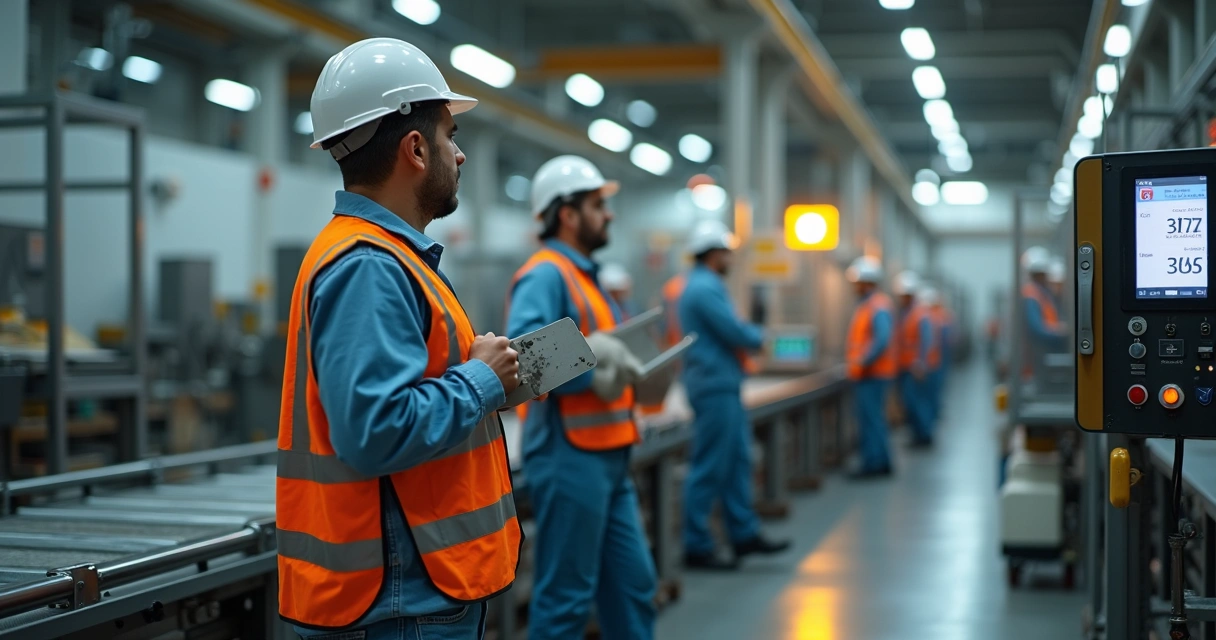 Linha de produção industrial com funcionários usando relógio de ponto 