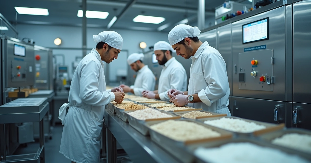 Linha de produção industrial de alimentos com funcionários em uniformes e ingredientes em processo de inspeção 