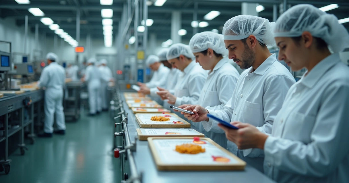 Funcionários em linha de produção de alimentos conferindo checklists