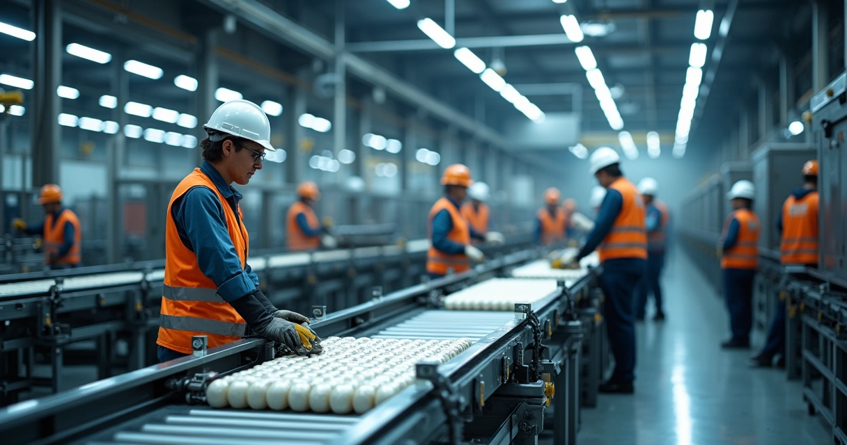 Linha de produção industrial com máquinas e trabalhadores 