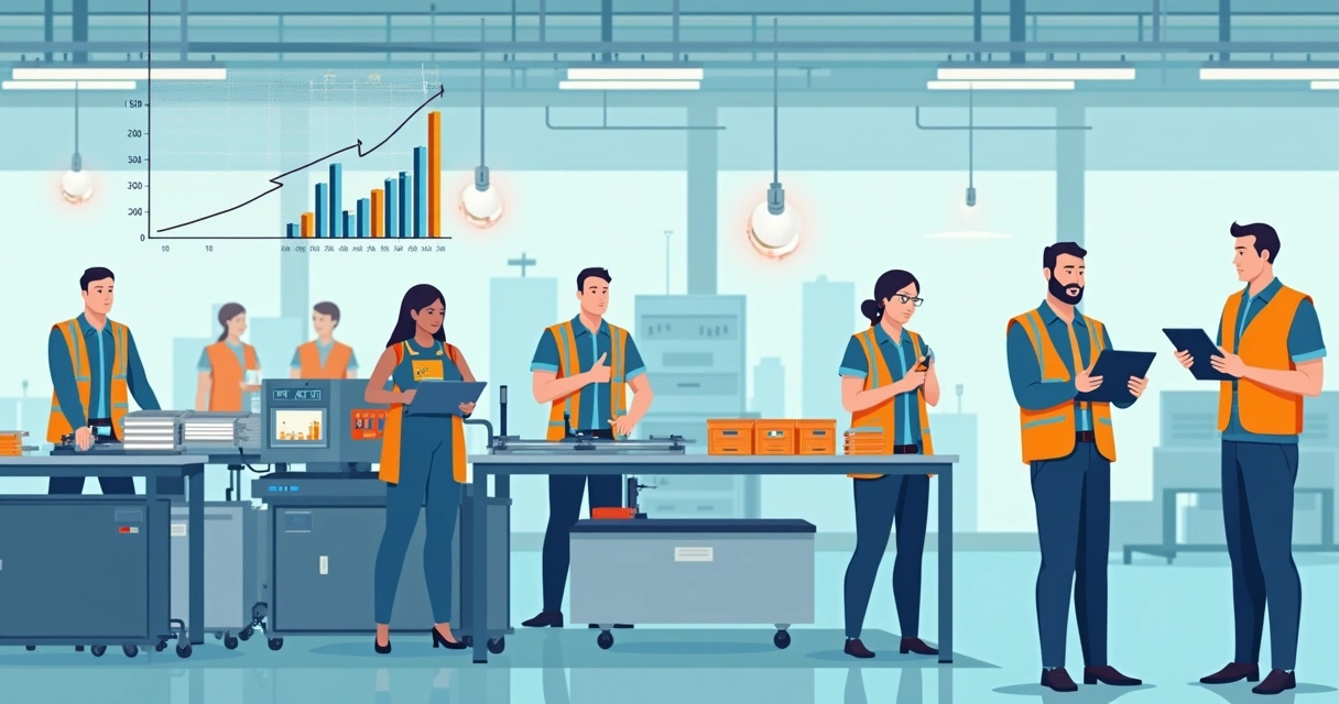 Linha de produção com trabalhadores e máquinas operando
