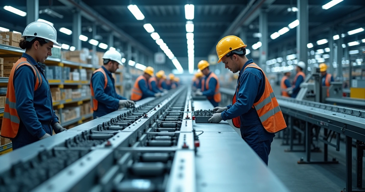 Linha de produção industrial moderna com vários operadores e máquinas