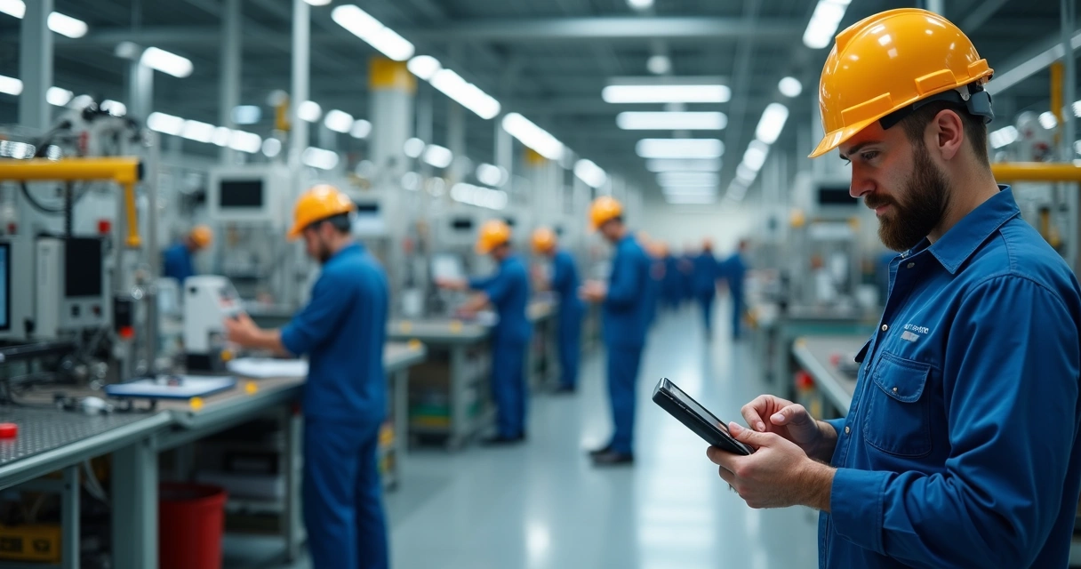 Operadores trabalhando em linha de produção técnica
