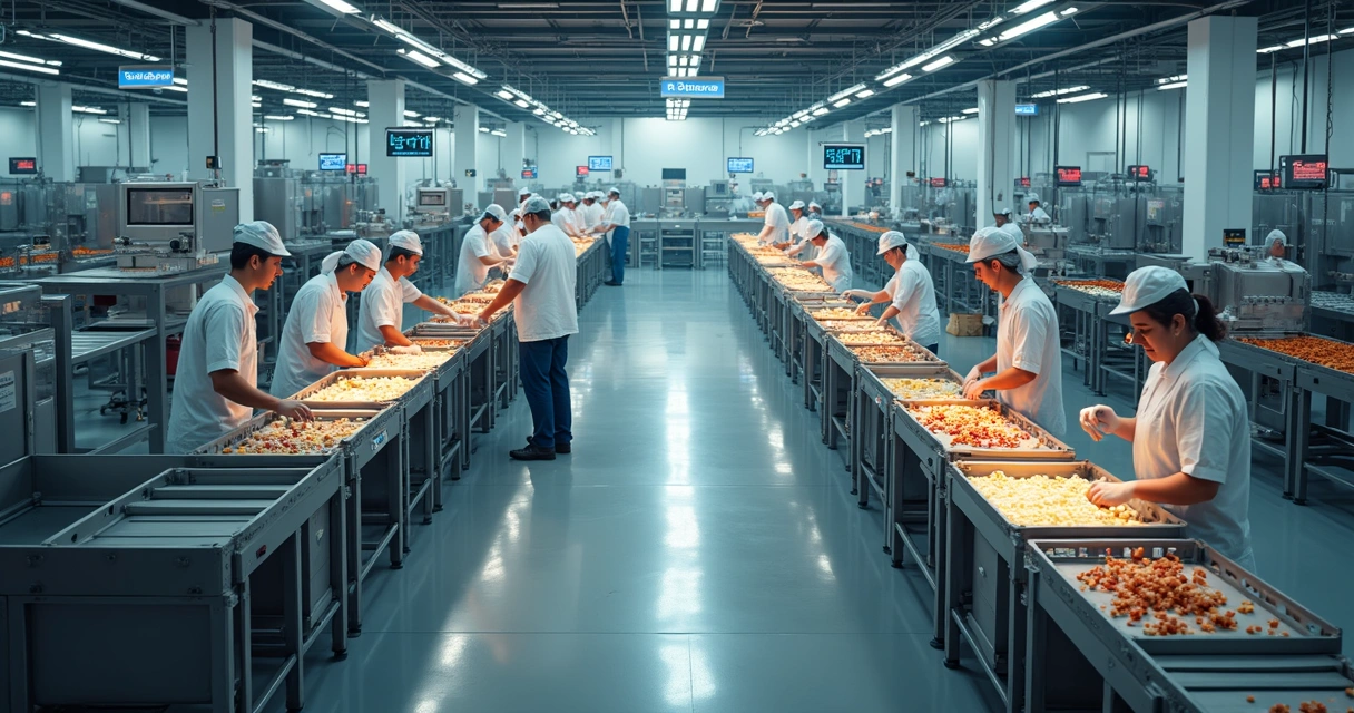 Linha de produção industrial de alimentos vista de cima