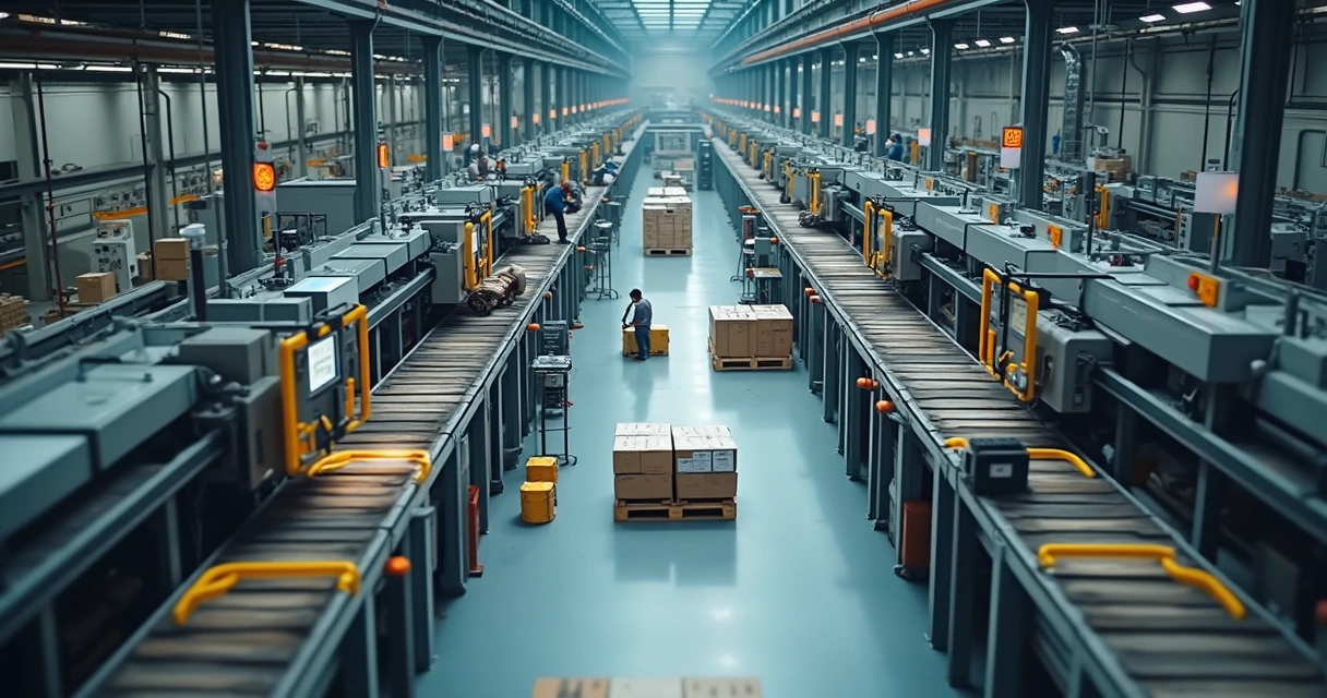 Linha de produção industrial com equipamentos e operadores 