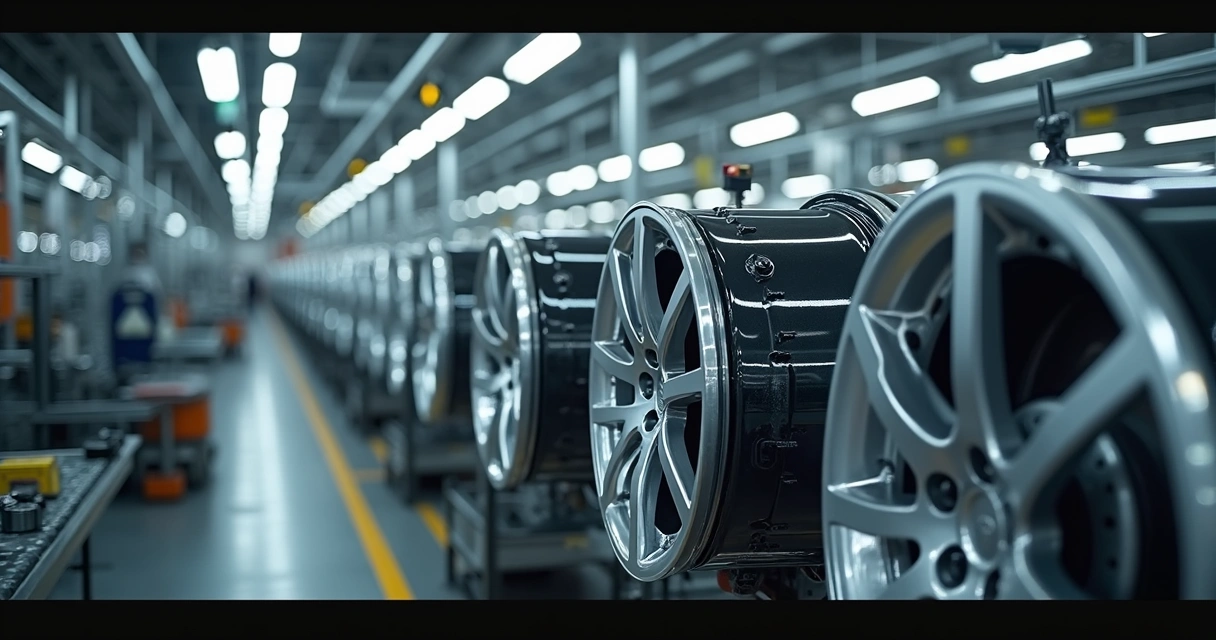 Linha de produção industrial mostrando rodas de automóvel 