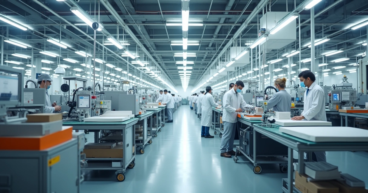 Linha de produção industrial organizada e limpa, com operadores ao redor. 