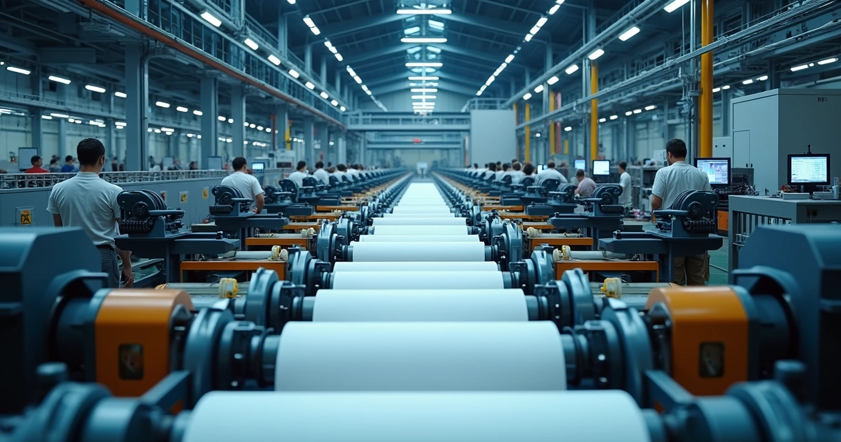 Linha de produção industrial de papel com painéis digitais e sensores de IA 