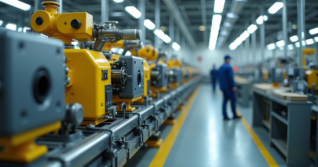 Linha de produção industrial com máquinas em operação 