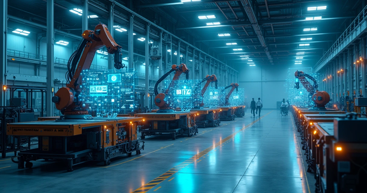 Linha de produção industrial com robôs e sensores conectados em fábrica inteligente 