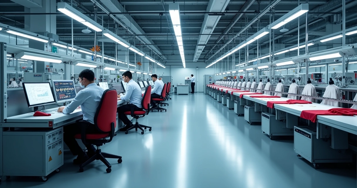 Linha de produção têxtil automatizada e organizada