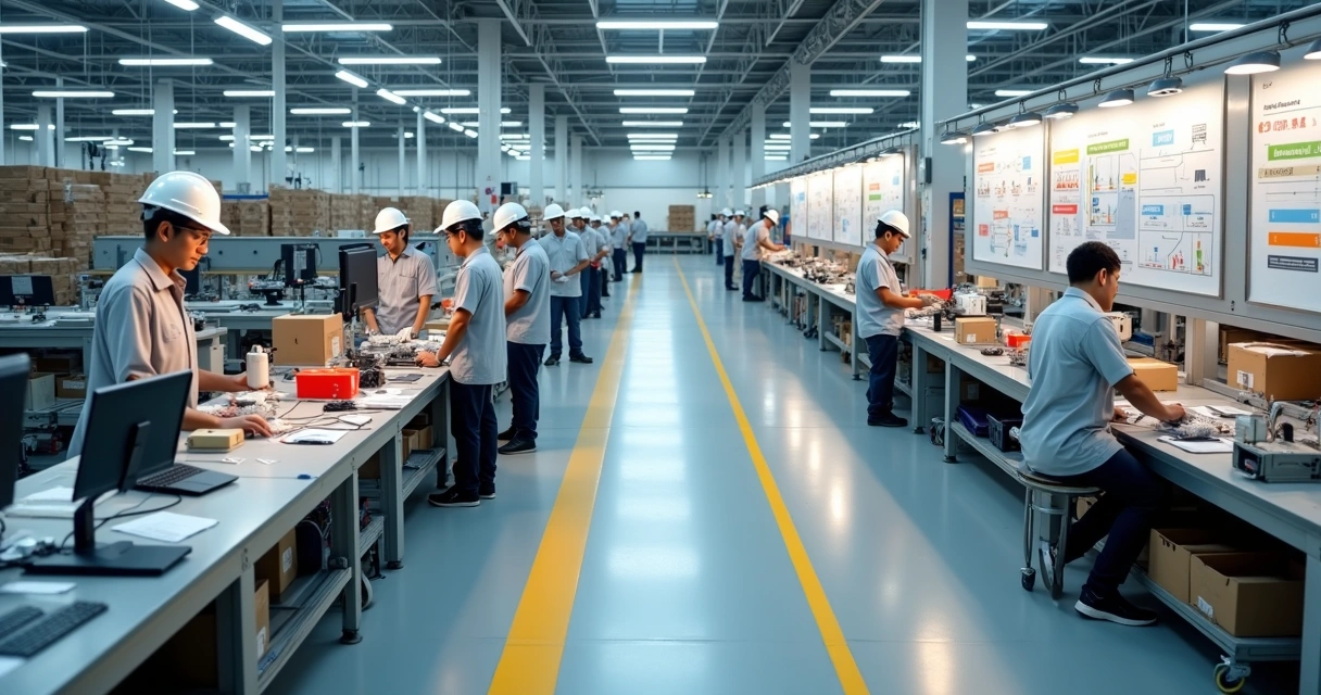 Linha de produção industrial com fluxo contínuo e quadros kanban na parede 