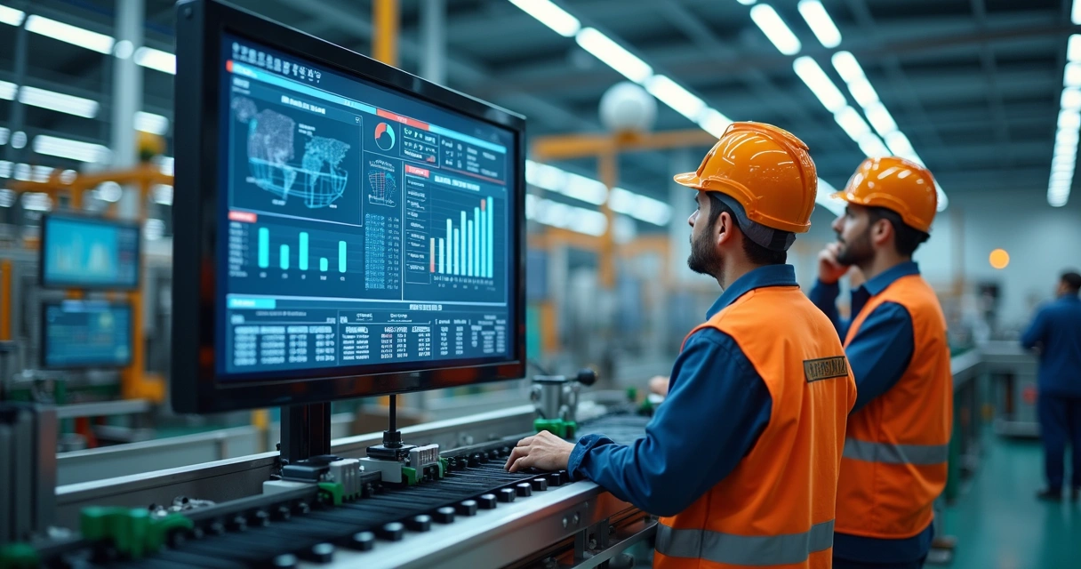 Funcionários monitorando KPIs em tela digital na linha de produção.