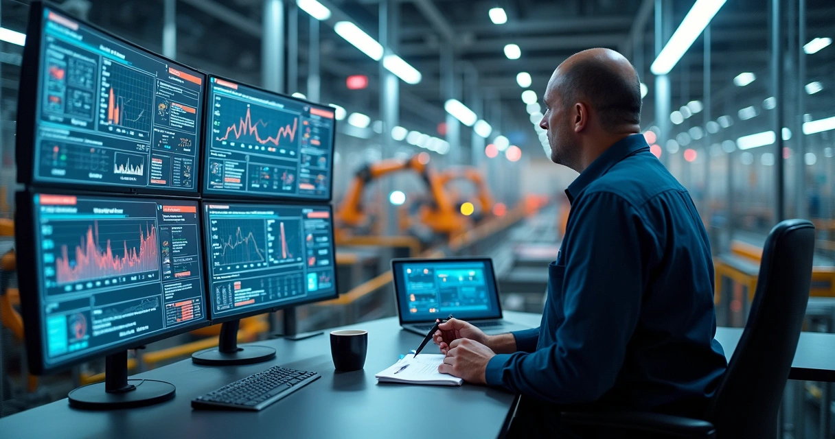 Engenheiro monitora linha de produção automatizada prestes a apresentar falhas 