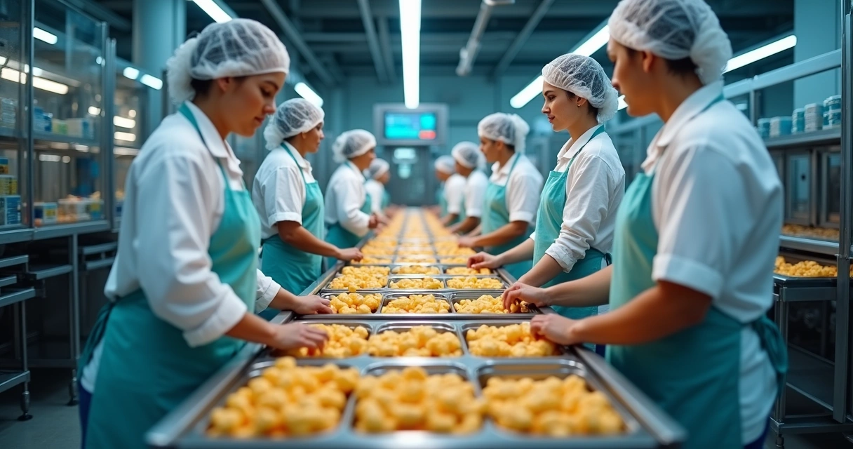 Linha de produção automatizada com operadores atentos 