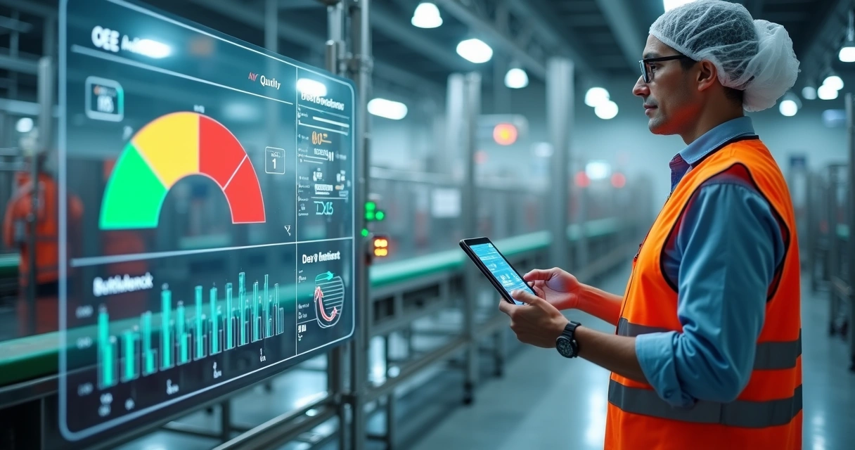 Gestor analisando painel de OEE com gargalos destacados na linha de produção 