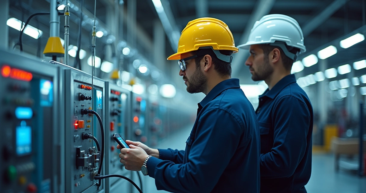 Equipe inspecionando linha de produção industrial