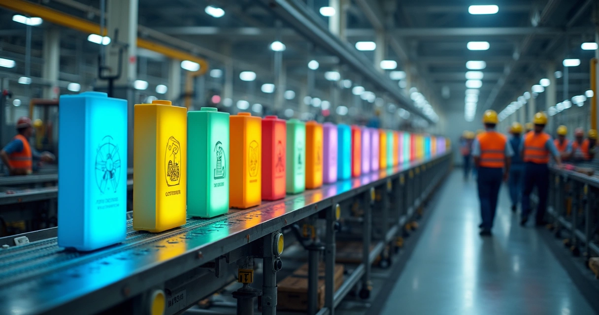 Linha de produção com enormes blocos coloridos representando os 8 pilares da TPM 