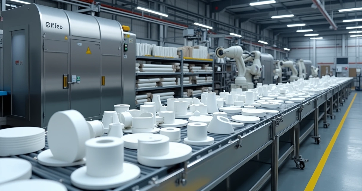 Linha de produção industrial com componentes em PTFE prontos para inspeção 