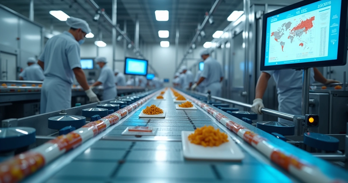 Linha de produção industrial alimentícia com sensores digitais e telas de controle, mostrando registros de lotes e alertas de qualidade. 