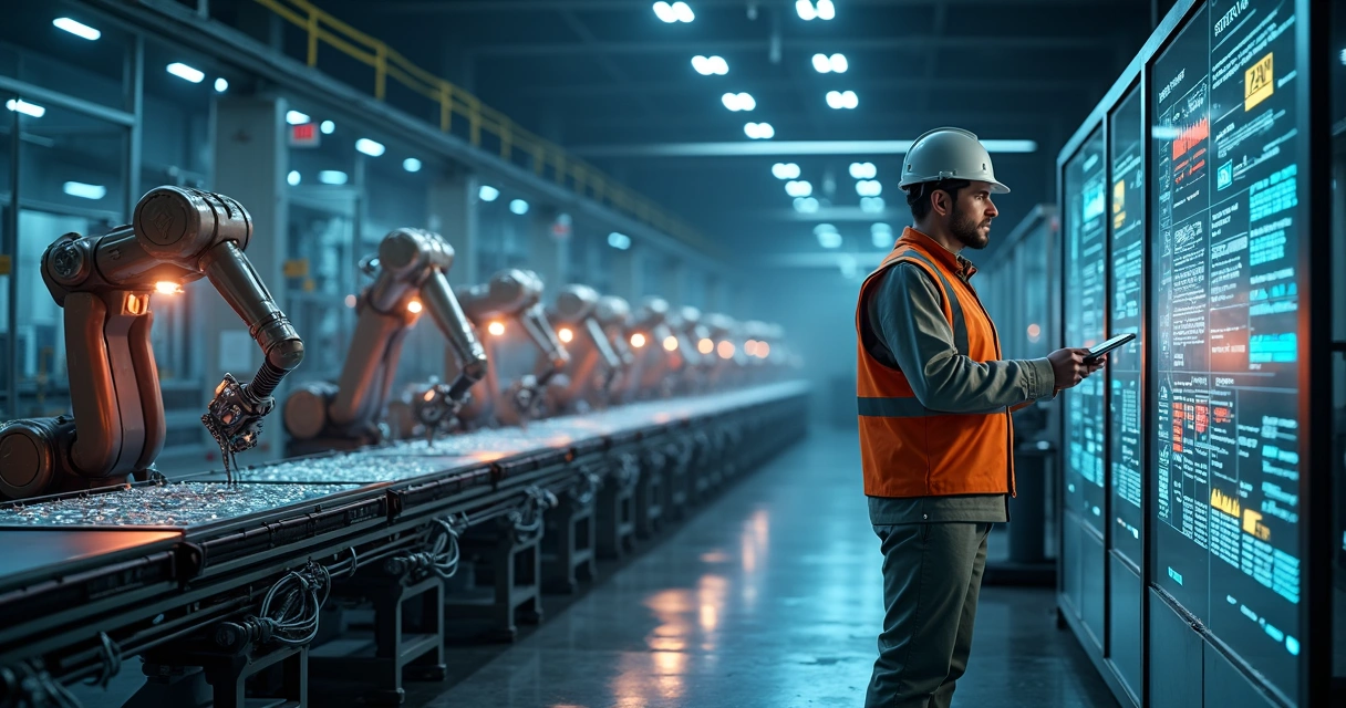 Linha de produção robótica com engenheiro revisando painel de segurança 