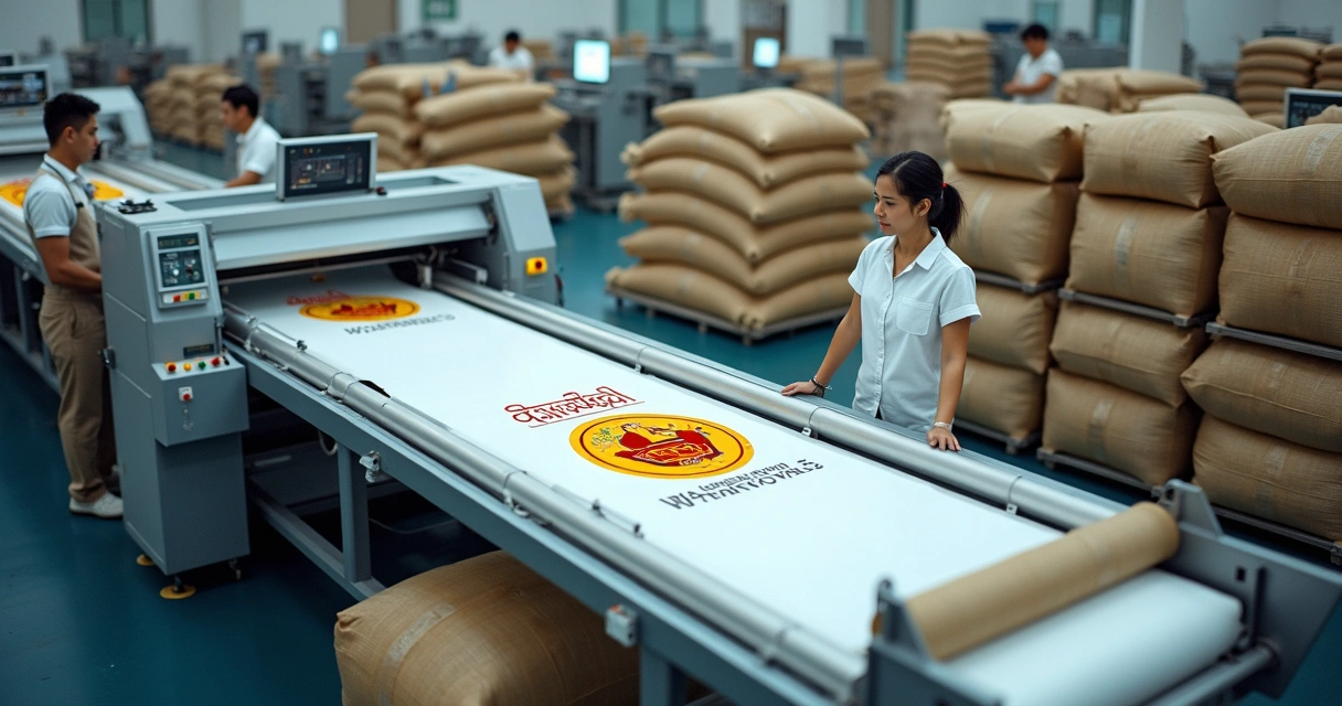 Funcionários monitorando produção de sacos de ráfia personalizados na fábrica. 