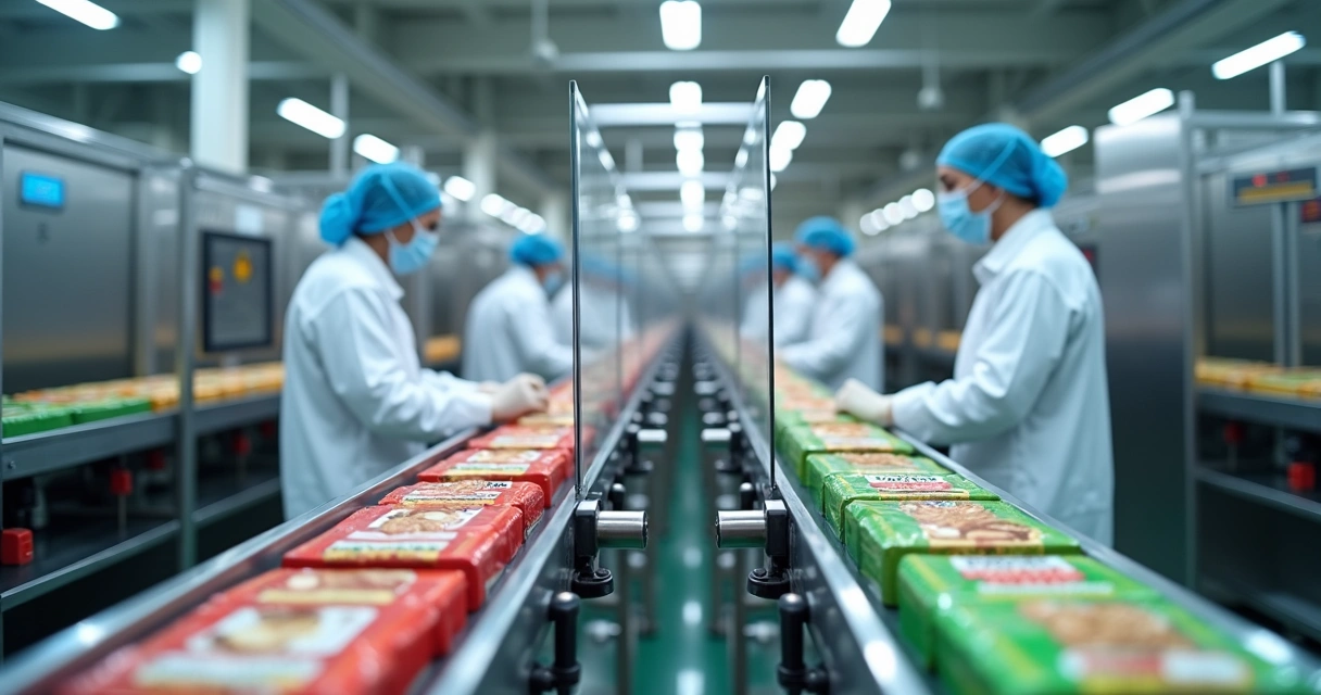Linha de produção de alimentos com separação clara para evitar contaminação cruzada 