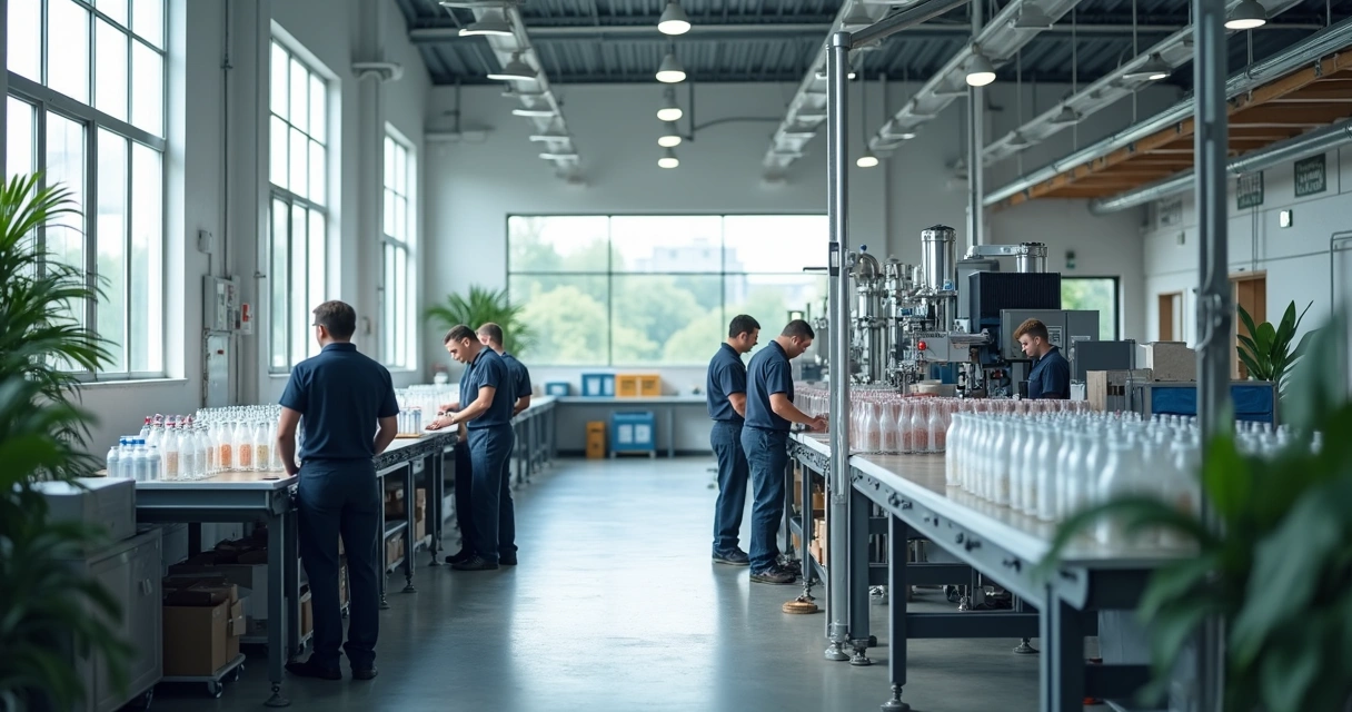 Funcionários de fábrica operando máquinas em linha de produção moderna e limpa 