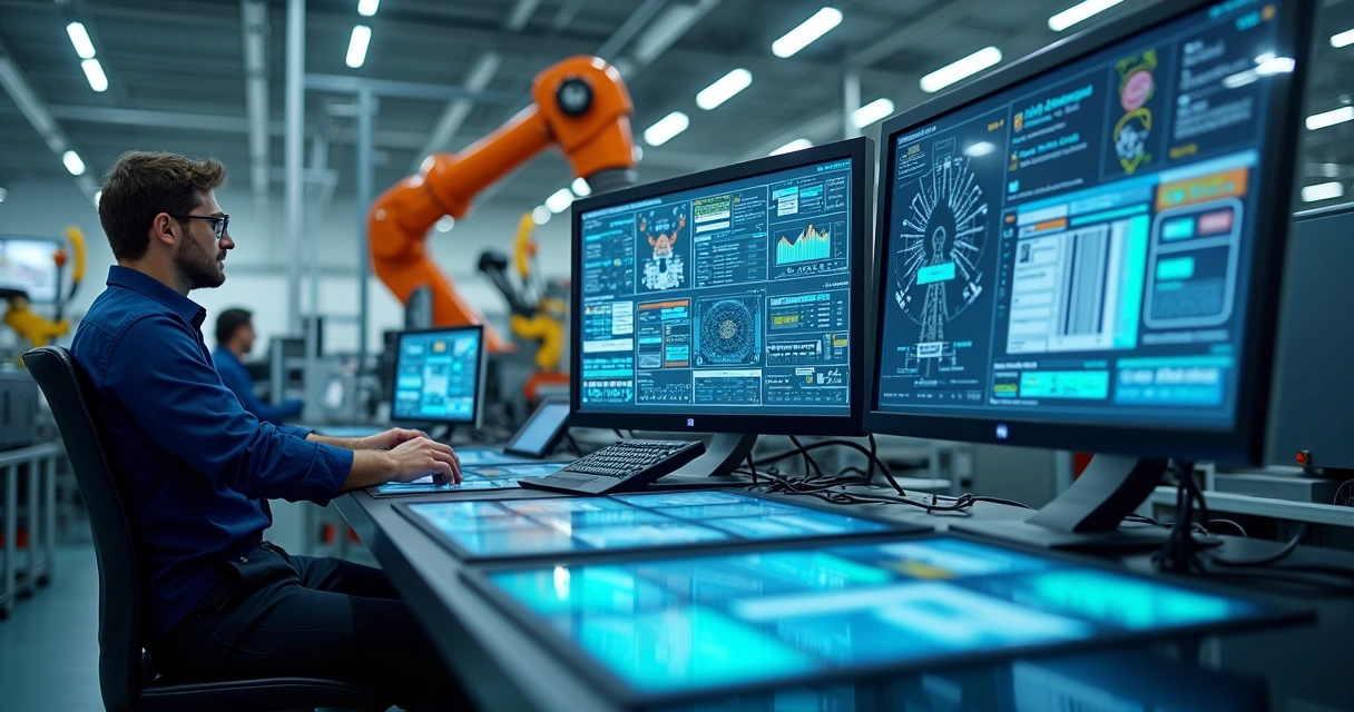 Linha de produção industrial com painéis digitais e tecnologia 