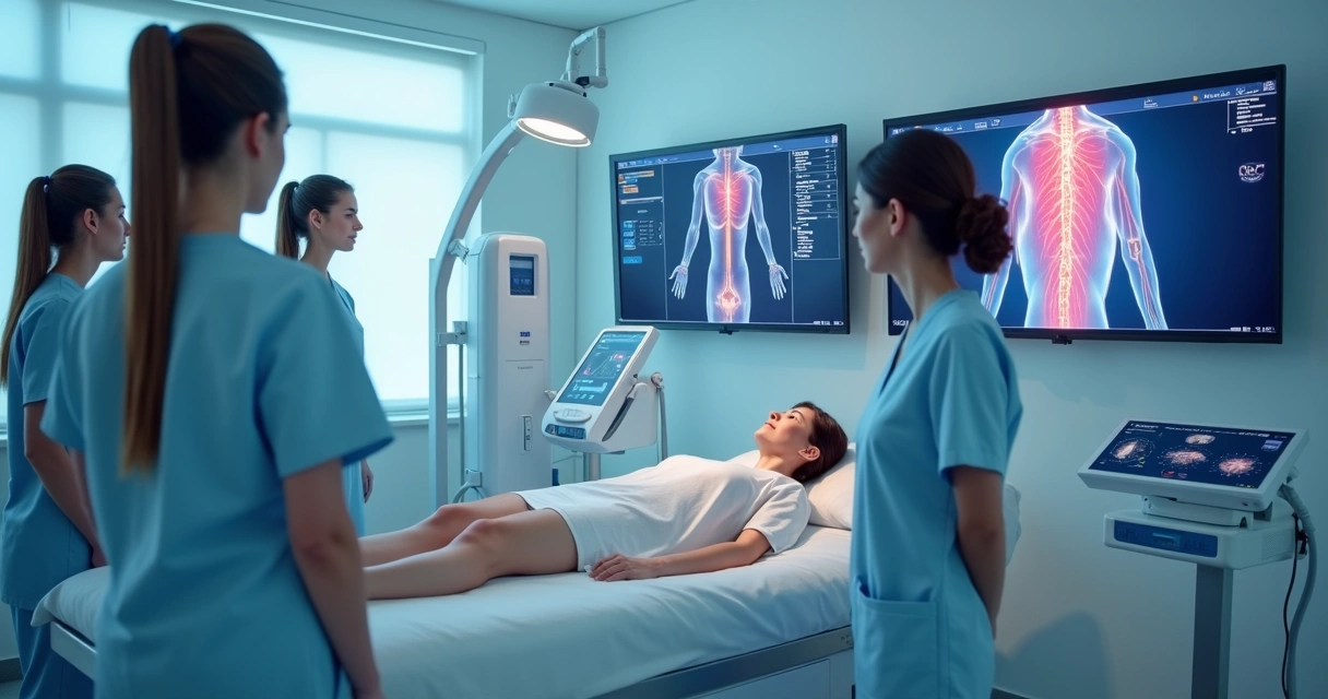 Equipe médica em ambiente moderno preparando equipamentos para tratamento de varizes com laser