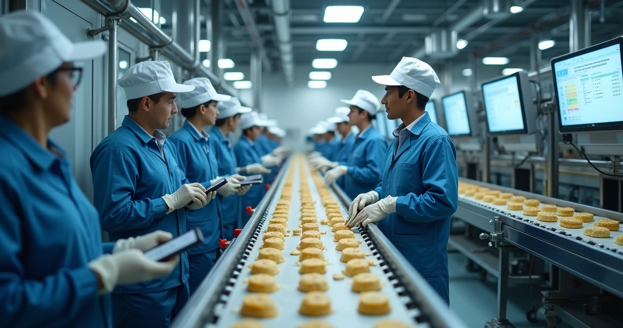 Funcionários monitorando linha de produção de alimentos. 