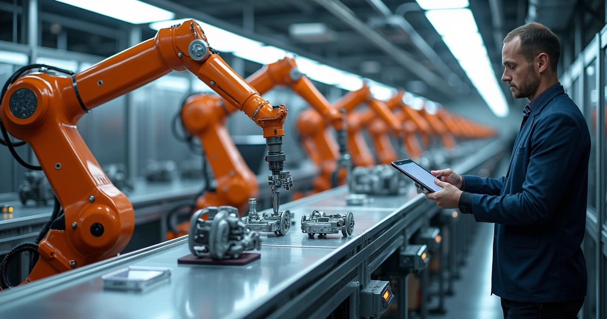 Braços robóticos trabalhando na linha de montagem industrial 