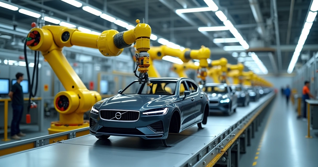 Linha de montagem automatizada com braços robôs 