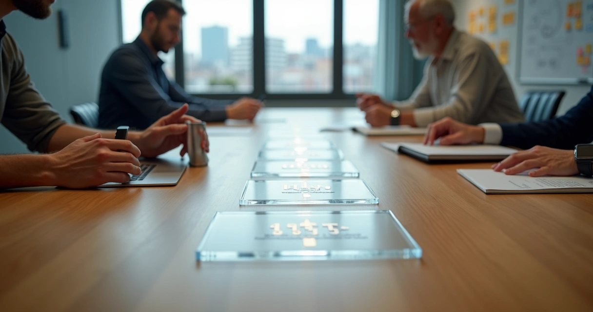 Linha de sucessão de founders conectando gerações de liderança em oficina moderna 