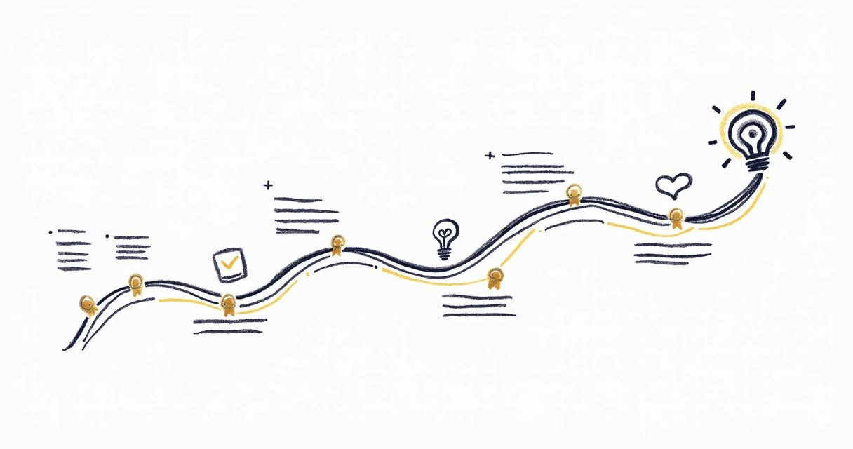 Linha do tempo desenhada à mão com etapas do autocoaching PSC 