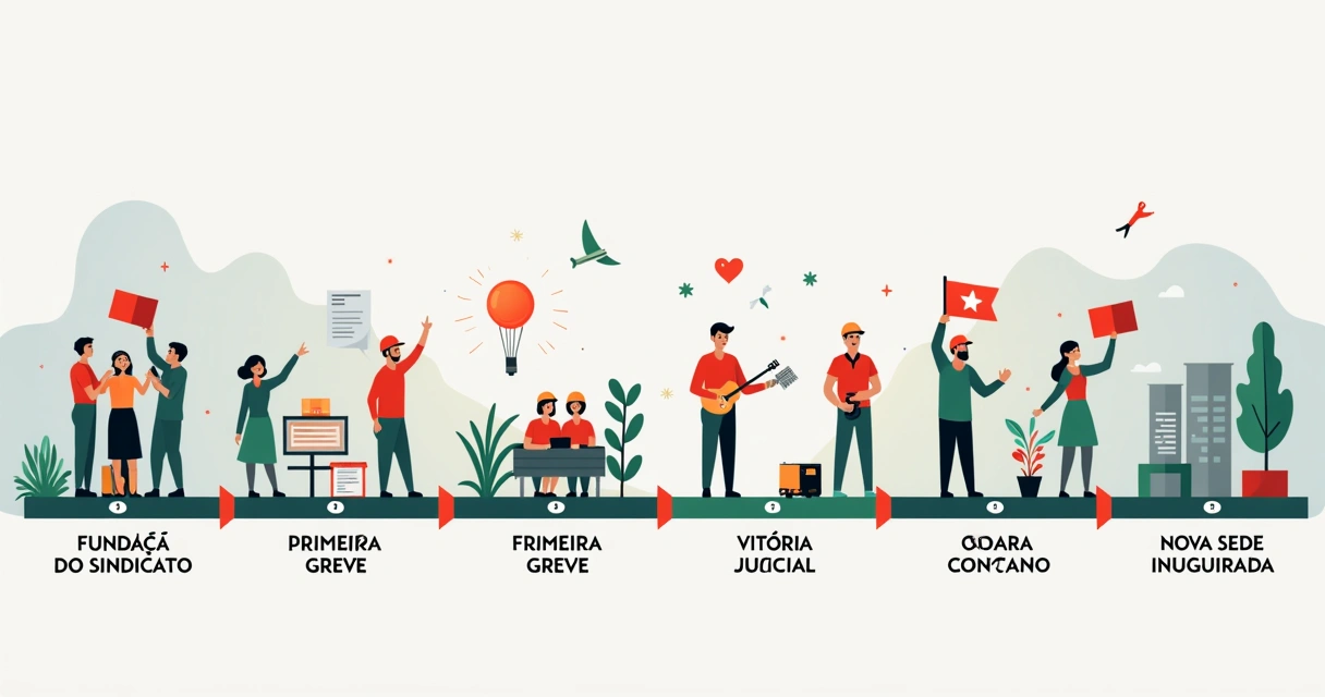 Linha do tempo ilustrando conquistas de um sindicato desde sua fundação 