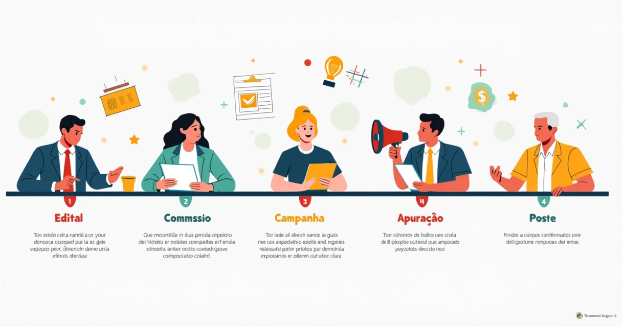 Linha do tempo ilustrada destacando etapas da eleição sindical 
