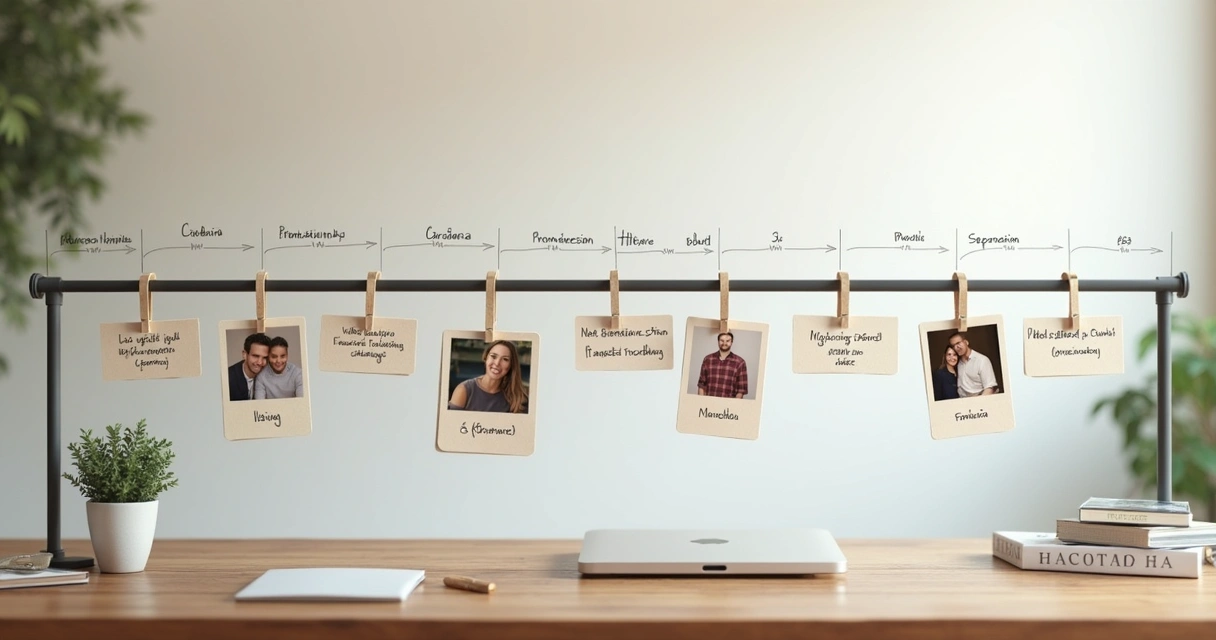 Linha do tempo mostrando eventos profissionais e familiares lado a lado. 