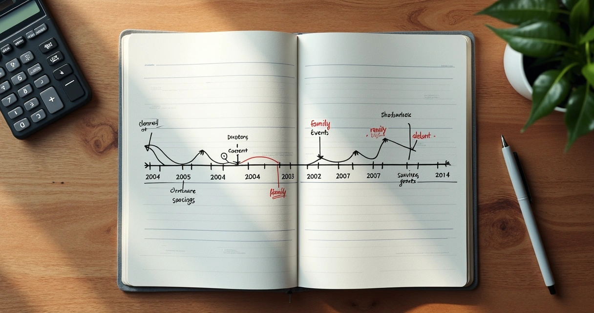 Caderno com linha do tempo financeira e anotações