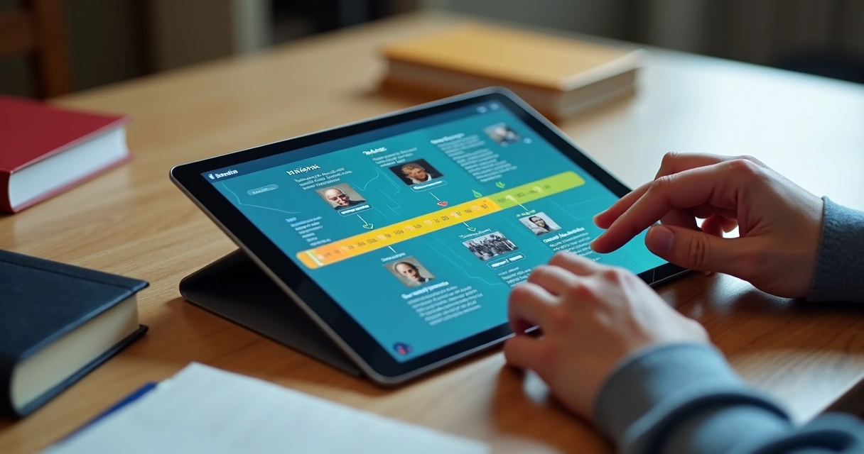 Linha do tempo digital com eventos históricos organizados por IA 