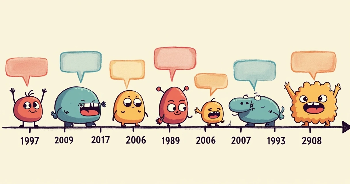 Ilustração de uma linha do tempo com memes da internet